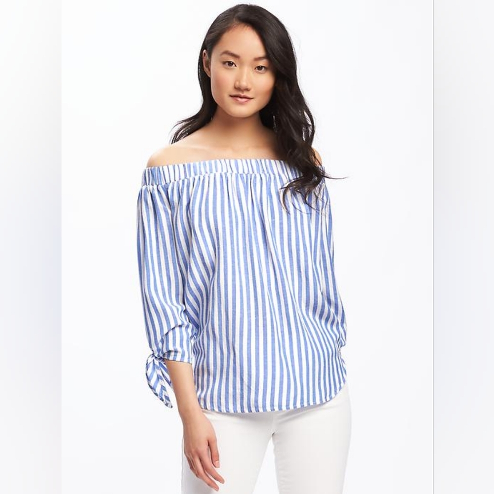 Blue and White Striped Off-Shoulder Top